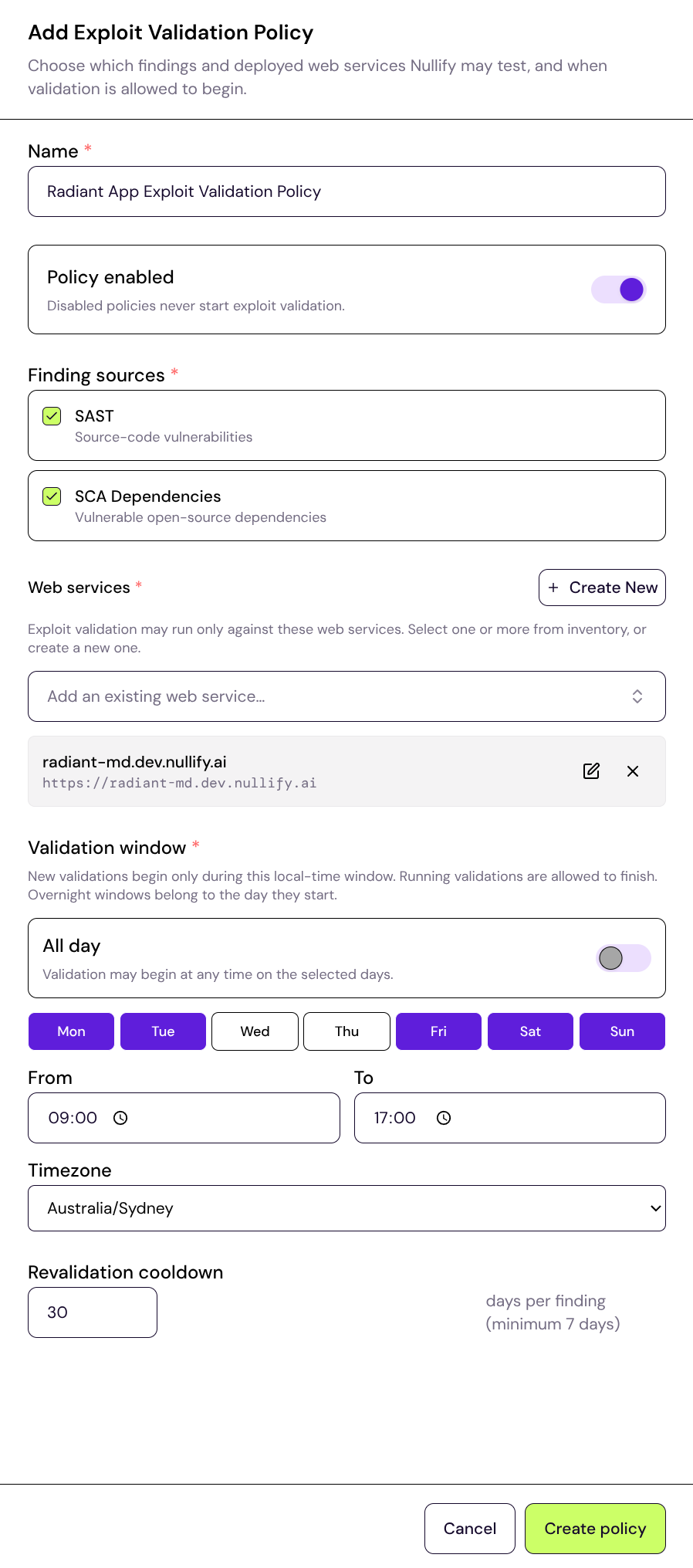 The Add Exploit Validation Policy dialog, showing name, enabled toggle, finding sources, web services, validation window and revalidation cooldown