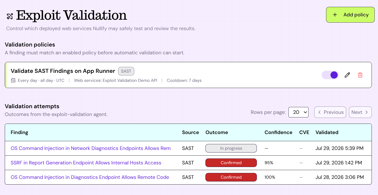 The Exploit Validation page, showing validation policies above the table of validation attempts